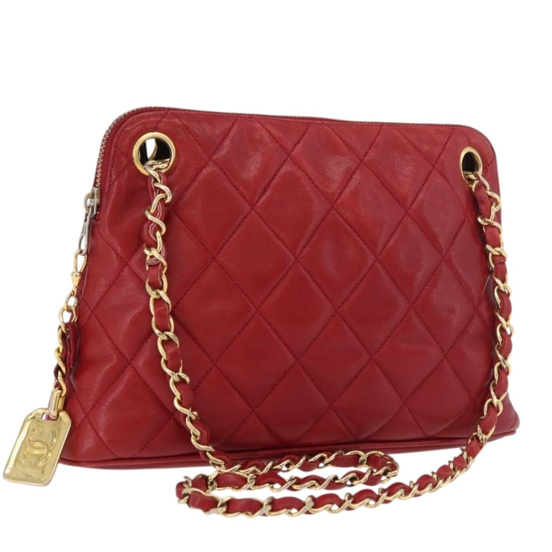 CHANEL Red Lambskin Matelasse Flap Shoulder Bag with Card: CHANEL Red Lambskin Matelasse Flap Shoulder Bag with Card This CHANEL Matelasse chain shoulder bag is crafted from luxurious lambskin leather in a striking red with gold-tone accents. Designed for wom