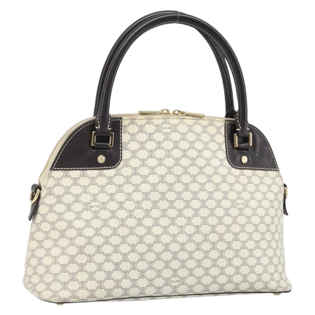 Celine Macadam PVC Leather Hand Bag White Gold Italy: Celine Macadam PVC Leather Hand Bag White Gold Italy A CELINE hand bag in white and gold, made from PVC leather and Macadam canvas. It was made in Italy and comes in the size noted below. The item is 