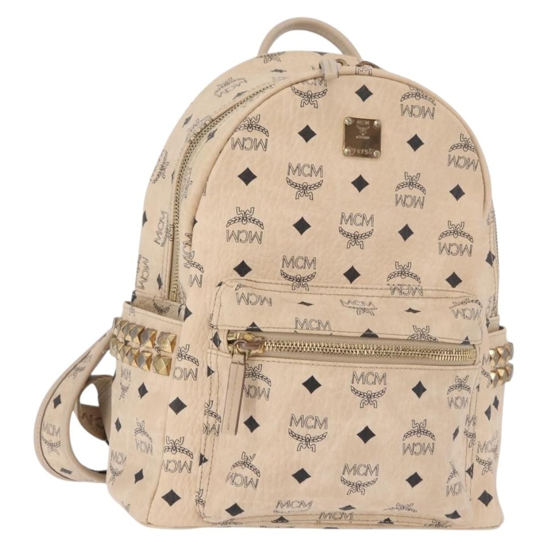 MCM Vicetos Logogram PVC Leather Backpack Ivory Gold: MCM Vicetos Logogram PVC Leather Backpack Ivory Gold MCM women's backpack in PVC leather with an ivory and gold colorway. Made in Korea, this Vicetos logogram style bag measures approximately 26 cm W 