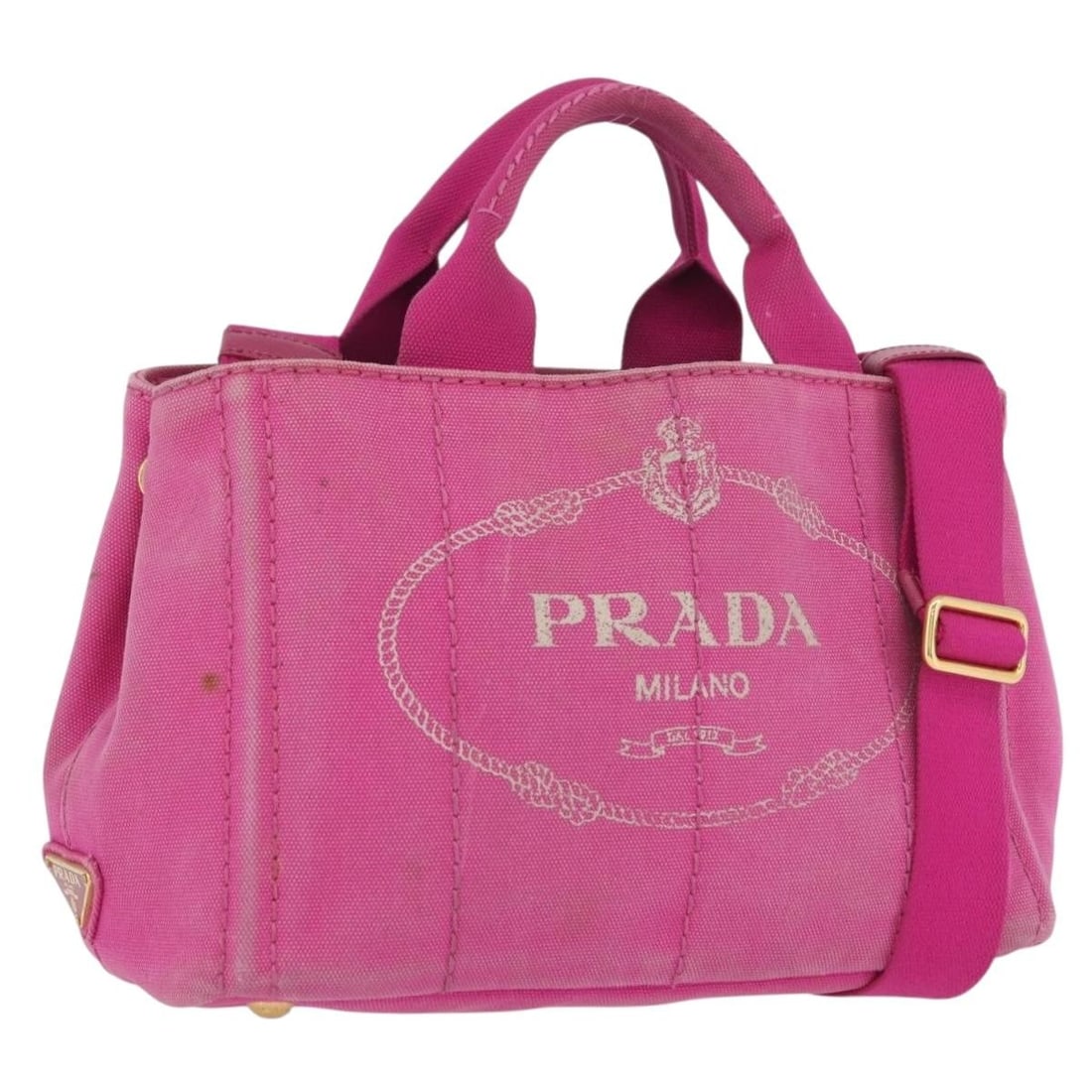 PRADA Canapa PM Canvas 2way Handbag Pink Gold with Shoulder Strap: PRADA Canapa PM Canvas 2way Handbag Pink Gold with Shoulder Strap Prada Canapa PM 2-way handbag in pink and gold canvas with dual top handles and a detachable shoulder strap. Made in Italy, this women