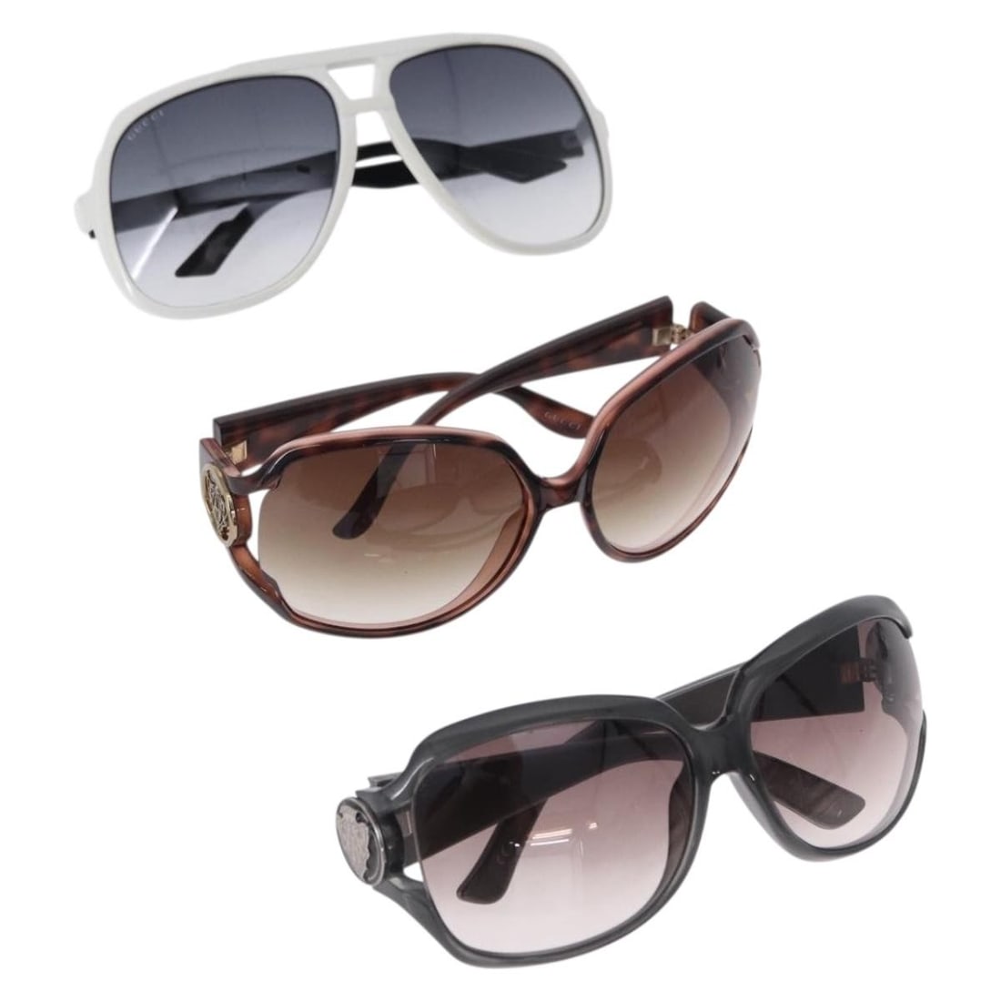 3 Pair Gucci Plastic Sunglasses Set with Case White Black Gray: 3 Pair Gucci Plastic Sunglasses Set with Case White Black Gray Gucci sunglasses set in white, black, and gray plastic. The listing includes a sunglass case and is made in Italy. Condition is rated C a