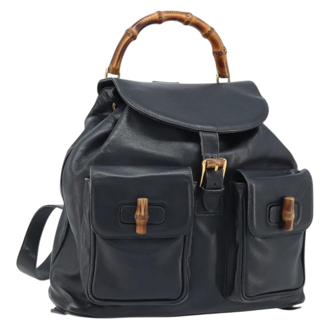 Gucci Bamboo Leather Backpack Black Gold Tone 003 2058 0016: Gucci Bamboo Leather Backpack Black Gold Tone 003 2058 0016 A Gucci Bamboo leather backpack in black and gold, made in Italy. The bag features a bamboo design and is identified by product number 003 2