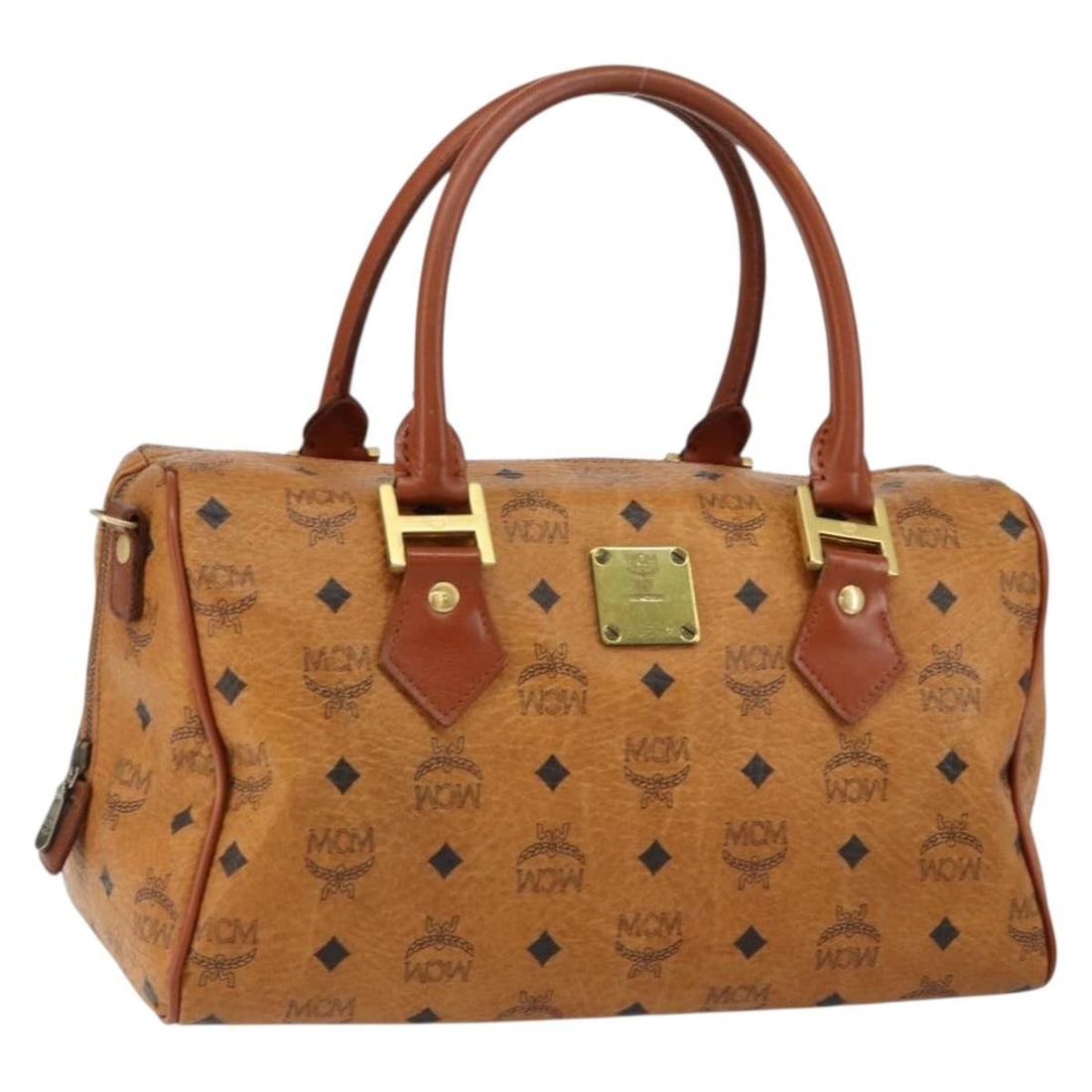 MCM Logogram Boston Bag PVC Leather Brown Gold Germany Auth: MCM Logogram Boston Bag PVC Leather Brown Gold Germany Auth The MCM Logogram Vicetos Boston Bag combines style and practicality with its chic brown and gold color scheme. Crafted from durable PVC leat