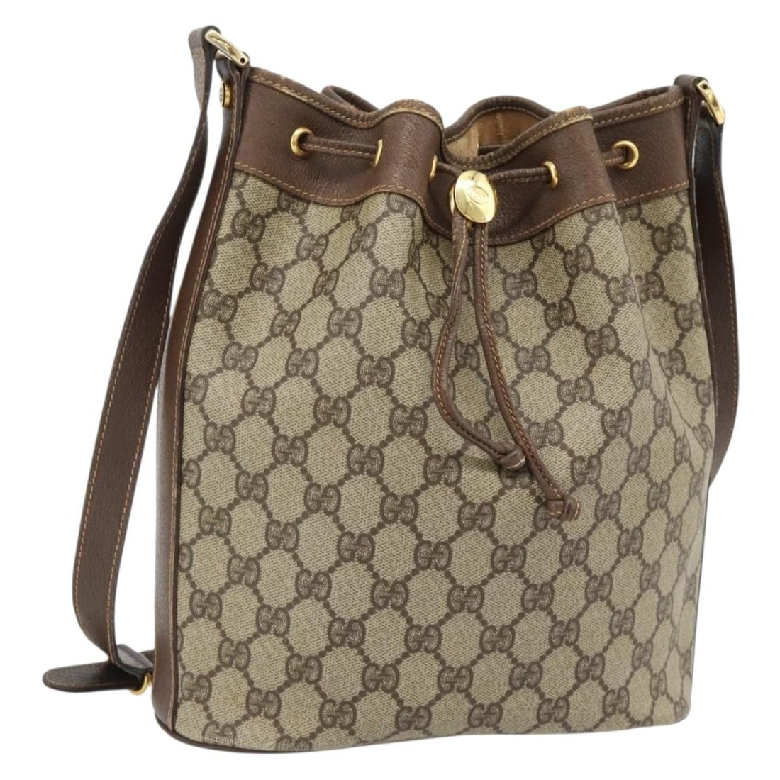 Gucci 001 115 6179 4023 GG Supreme PVC Leather Shoulder Bag Beige Gold: Gucci 001 115 6179 4023 GG Supreme PVC Leather Shoulder Bag Beige Gold Gucci GG Supreme shoulder bag in beige with gold-tone accents, made in PVC leather and GG canvas. This women's shoulder bag was m