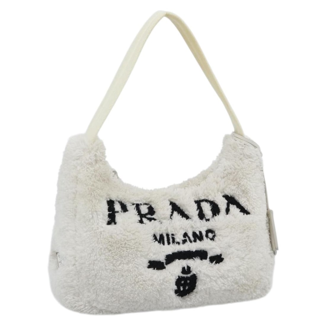 PRADA Pile Hand Bag White Silver with Dust Bag: PRADA Pile Hand Bag White Silver with Dust Bag Prada hand bag in white and silver pile, made in Italy. It comes with a dust bag and has a hand bag style with a handle drop of approximately 16 cm. The 