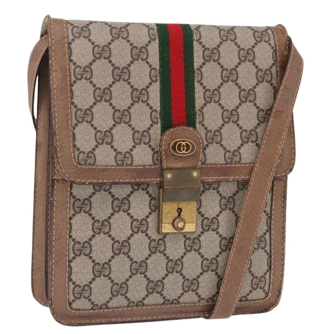 GUCCI Sherry Line GG Supreme PVC Leather Shoulder Bag Beige Gold: GUCCI Sherry Line GG Supreme PVC Leather Shoulder Bag Beige Gold A Gucci Sherry Line shoulder bag in beige and gold PVC leather/GG canvas, made in Italy. It measures approximately 20 cm wide, 14 cm hi