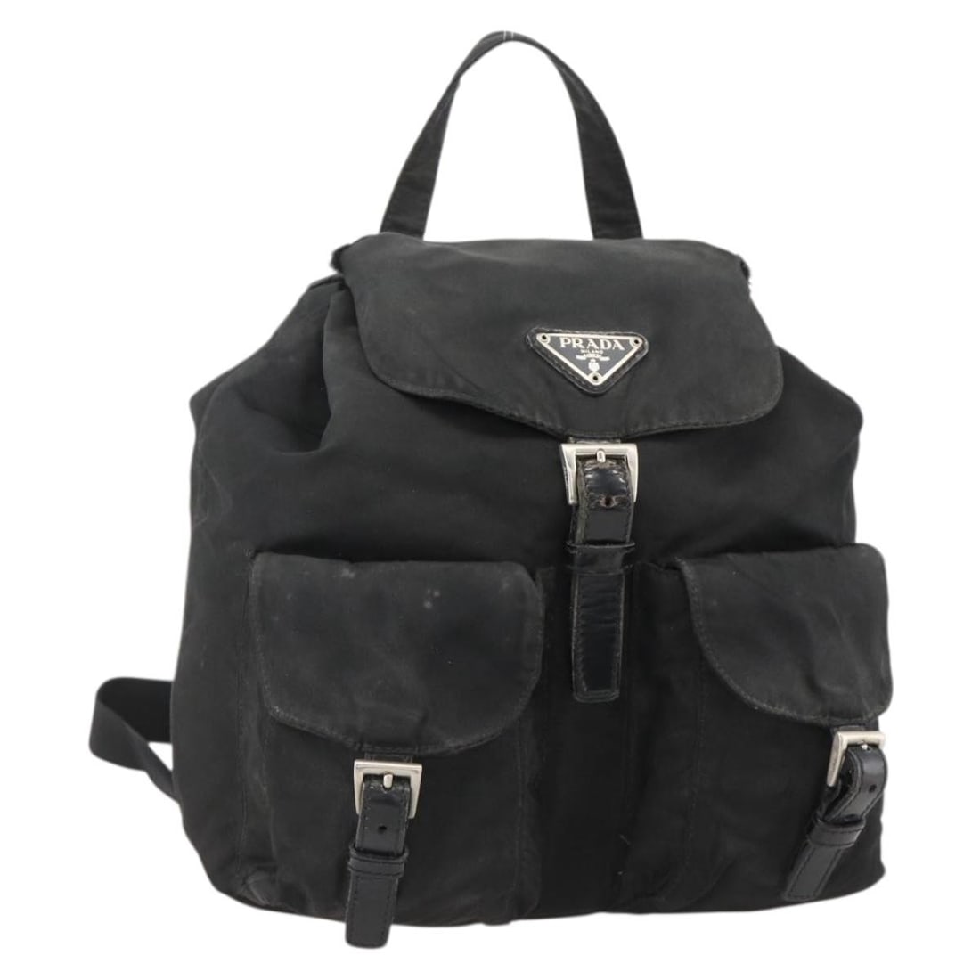 PRADA Black Nylon Backpack with Guarantee Card Silver Tone: PRADA Black Nylon Backpack with Guarantee Card Silver Tone Prada backpack in black and silver nylon, made in Italy. The bag is designed for women and comes with a guarantee card. It is described as he