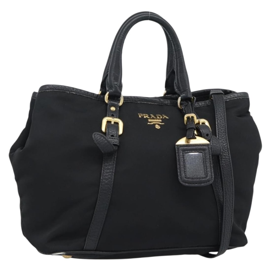 PRADA 2way Nylon Leather Handbag Black Gold with Shoulder Strap: PRADA 2way Nylon Leather Handbag Black Gold with Shoulder Strap PRADA hand bag in black and gold nylon, made in Italy. This women's 2-way style comes with a shoulder strap and name tag accessory. The 