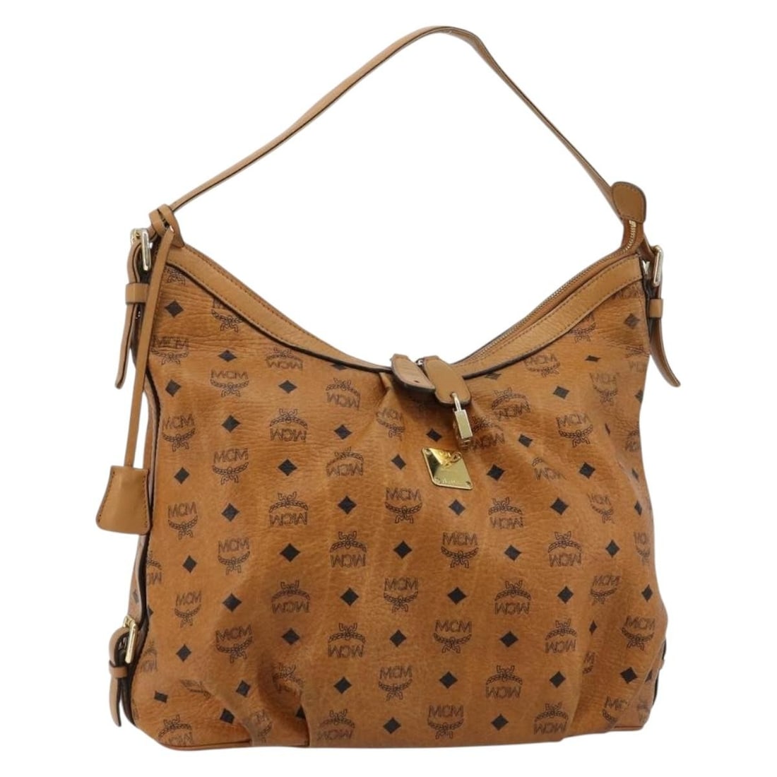 MCM Vicetos PVC Leather Shoulder Bag Brown Gold Korea: MCM Vicetos PVC Leather Shoulder Bag Brown Gold Korea MCM Vicetos Logogram shoulder bag in brown and gold, made from PVC leather. This pre-owned shoulder bag was made in Korea and features the stated 