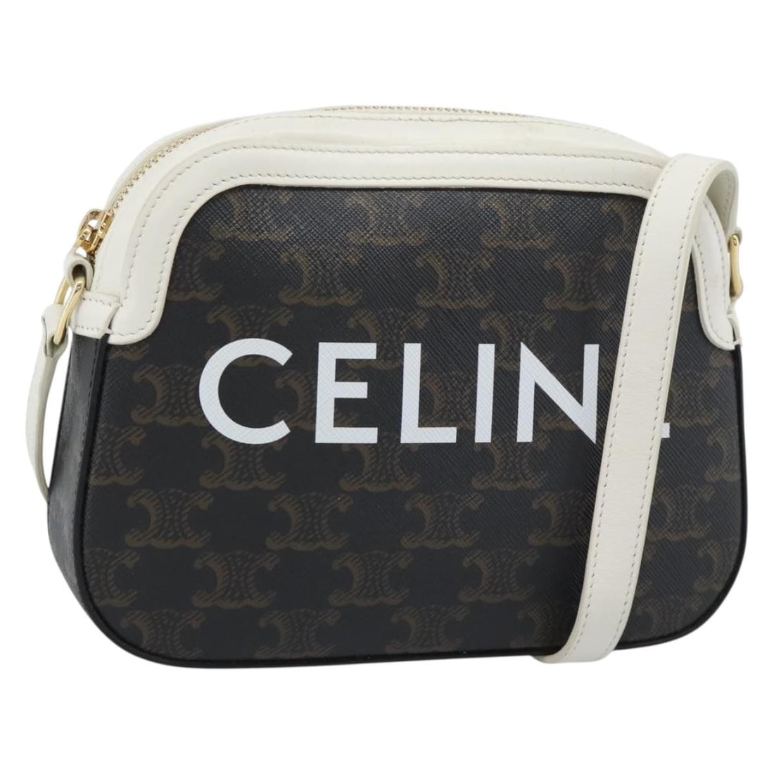 CELINE Triomphe leather shoulder bag in black with gold tone: CELINE Triomphe leather shoulder bag in black with gold tone Celine Triomphe shoulder bag in black leather with gold-tone accents. Made in Italy, this women's shoulder bag includes the item only; box 