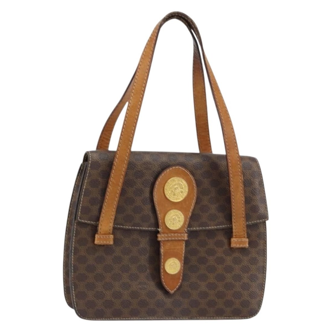 CELINE Macadam Canvas Medallion Hand Bag Brown Gold PVC Leather Auth: CELINE Macadam Canvas Medallion Hand Bag Brown Gold PVC Leather Auth This Celine Macadam Canvas Medallion Hand Bag combines luxury with practicality, featuring a distinctive brown and gold color schem