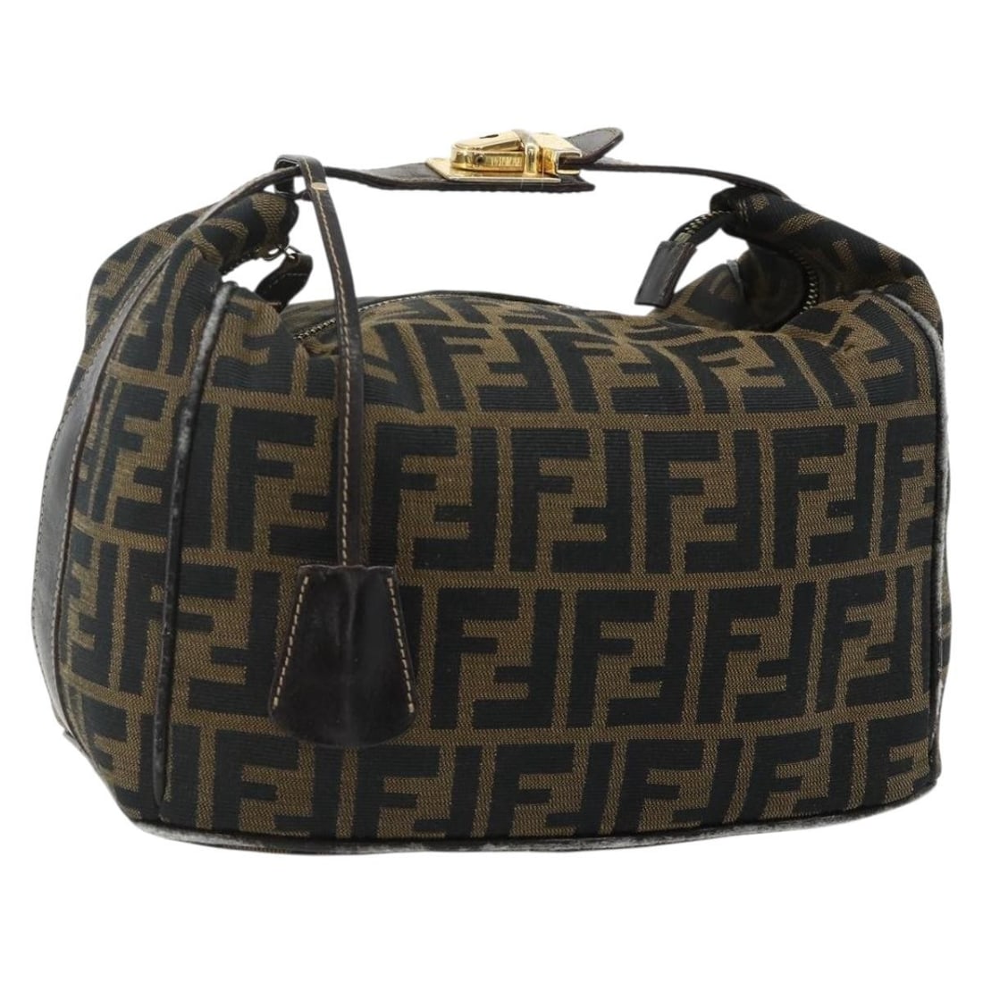 Fendi Zucca Canvas Handbag Black Brown with Key Clochette: Fendi Zucca Canvas Handbag Black Brown with Key Clochette Black and brown Fendi handbag in Zucca canvas, made in Italy. It comes with one key and a clochette. The bag shows heavy use with visible rubb