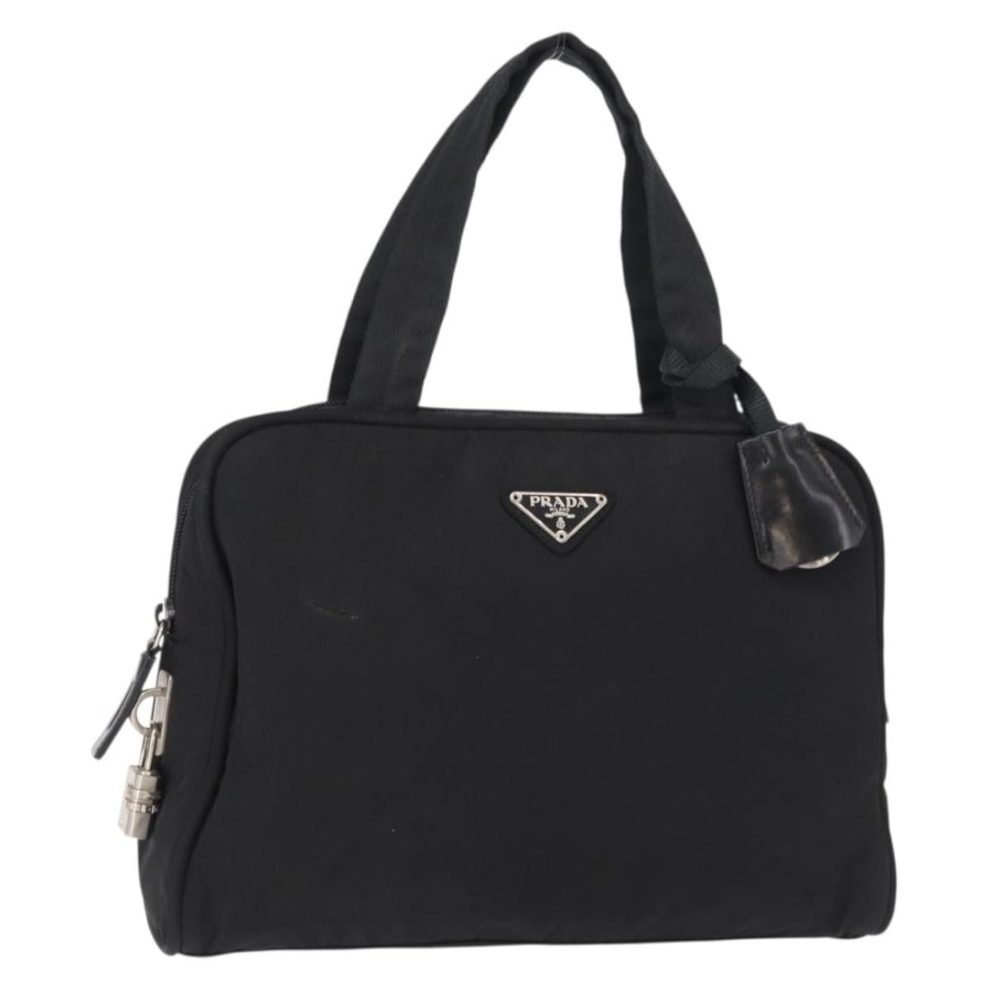 PRADA Nylon Hand Bag Black Silver with Padlock BA8490: PRADA Nylon Hand Bag Black Silver with Padlock BA8490 This authentic PRADA hand bag combines elegance and functionality. Crafted in Italy from durable nylon, it features a stylish black and silver ext