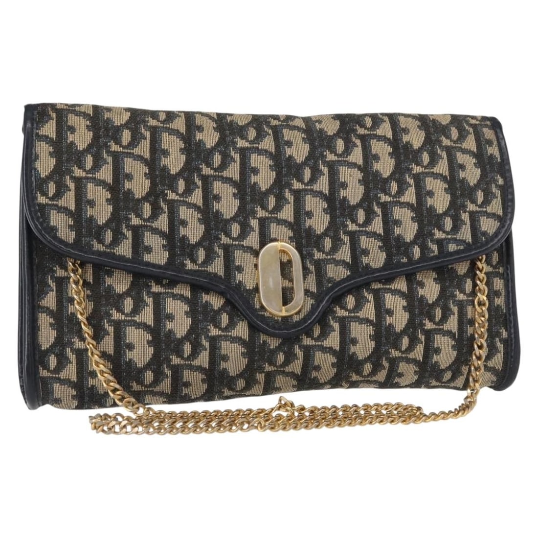 Christian Dior chain shoulder bag in navy gold Trotter canvas: Christian Dior chain shoulder bag in navy gold Trotter canvas Christian Dior shoulder bag in navy and gold Trotter canvas, made in France. This women's bag features a chain shoulder strap and is offer