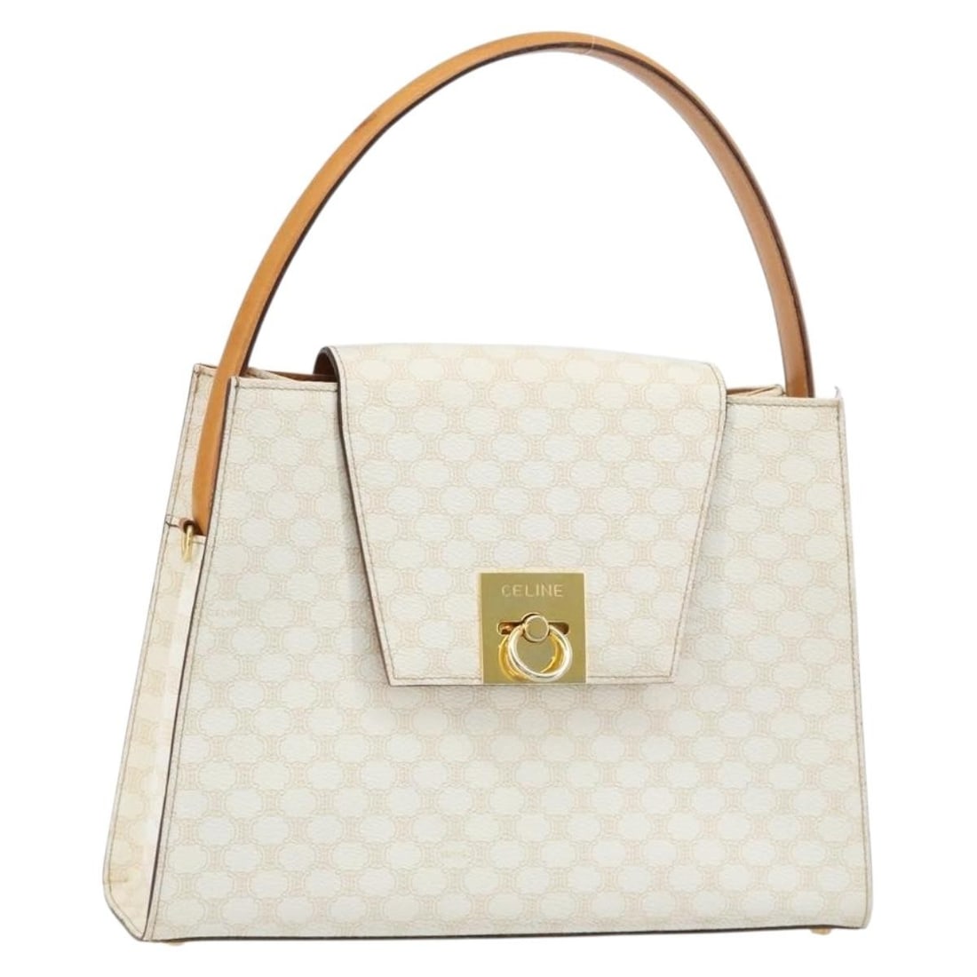 CELINE Macadam PVC Leather White Gold Hand Bag Italy: CELINE Macadam PVC Leather White Gold Hand Bag Italy This CELINE Macadam Canvas hand bag features a white and gold color scheme and is crafted from PVC leather and Macadam canvas. Made in Italy, the b