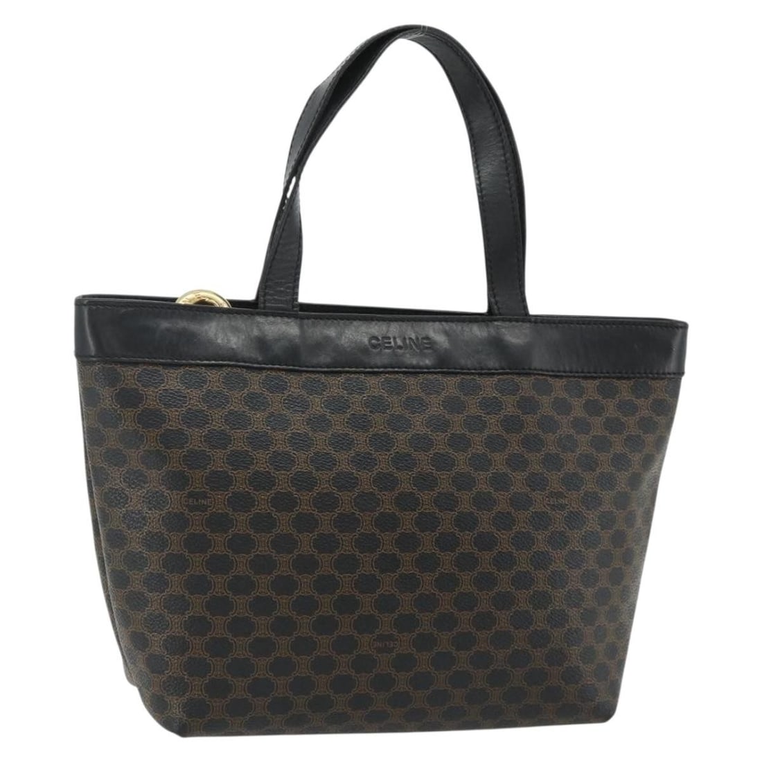 CELINE Macadam Canvas PVC Leather Handbag Black Gold Tone: CELINE Macadam Canvas PVC Leather Handbag Black Gold Tone Celine Macadam canvas hand bag crafted in PVC leather with a black and gold colorway. Made in Italy, this women's handbag includes only the it