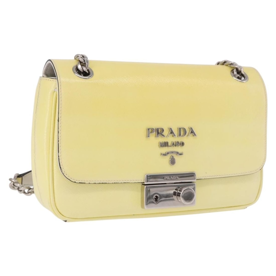 PRADA Saffiano Leather Shoulder Bag Yellow Silver Tone with Key Clochette: PRADA Saffiano Leather Shoulder Bag Yellow Silver Tone with Key Clochette Prada shoulder bag in yellow Saffiano leather with silver-tone exterior details. It is a women's bag made in Italy and comes w
