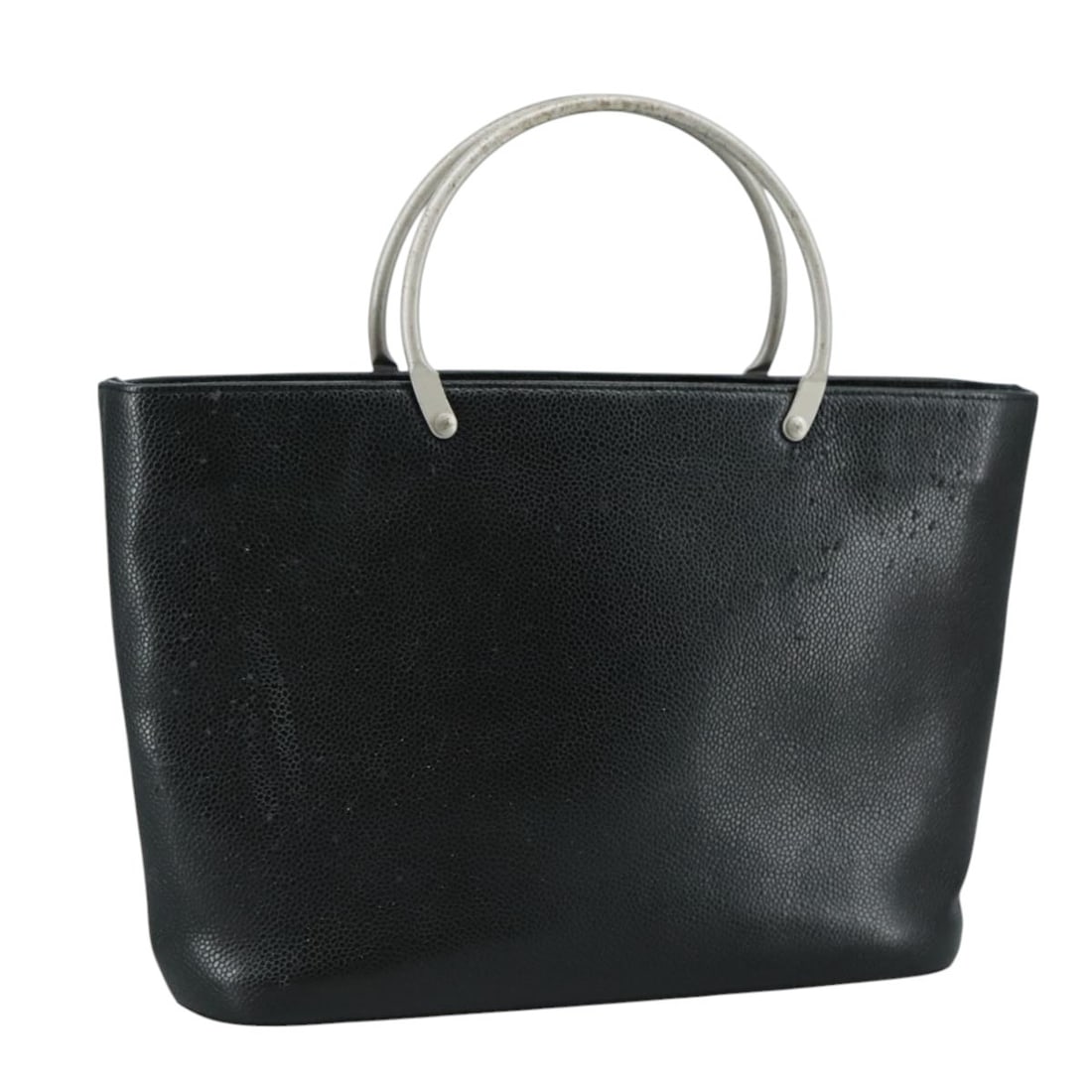 CHANEL Black Caviar Skin Hand Bag CC France: CHANEL Black Caviar Skin Hand Bag CC France This CHANEL hand bag is crafted in black caviar skin and made in France. It features a handle drop of approximately 10 cm and measures approximately 27 cm w