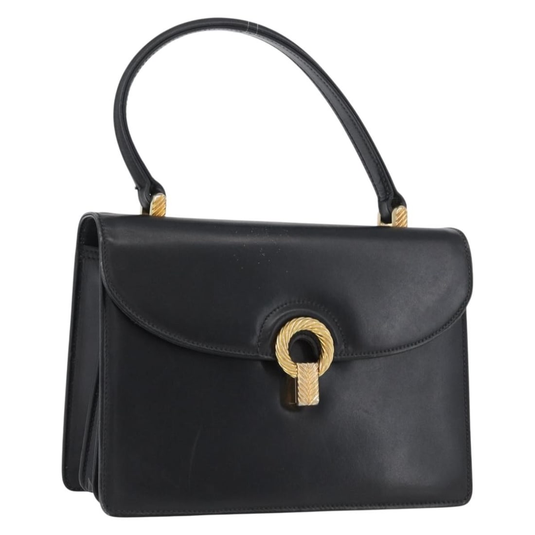 Gucci Black Leather Handbag Gold Tone Hardware Italy: Gucci Black Leather Handbag Gold Tone Hardware Italy Gucci women's leather handbag in black with gold-tone accents, made in Italy. This heavily used bag shows visible wear throughout, including loss o