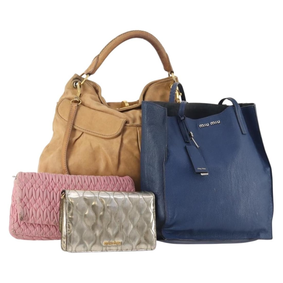 Miu Miu Leather Shoulder Bag Set of 4 Blue Pink Beige: Miu Miu Leather Shoulder Bag Set of 4 Blue Pink Beige Miu Miu shoulder bag set in leather with a blue, pink, and beige color scheme. The listing is for the item shown in the photo only, with no box or