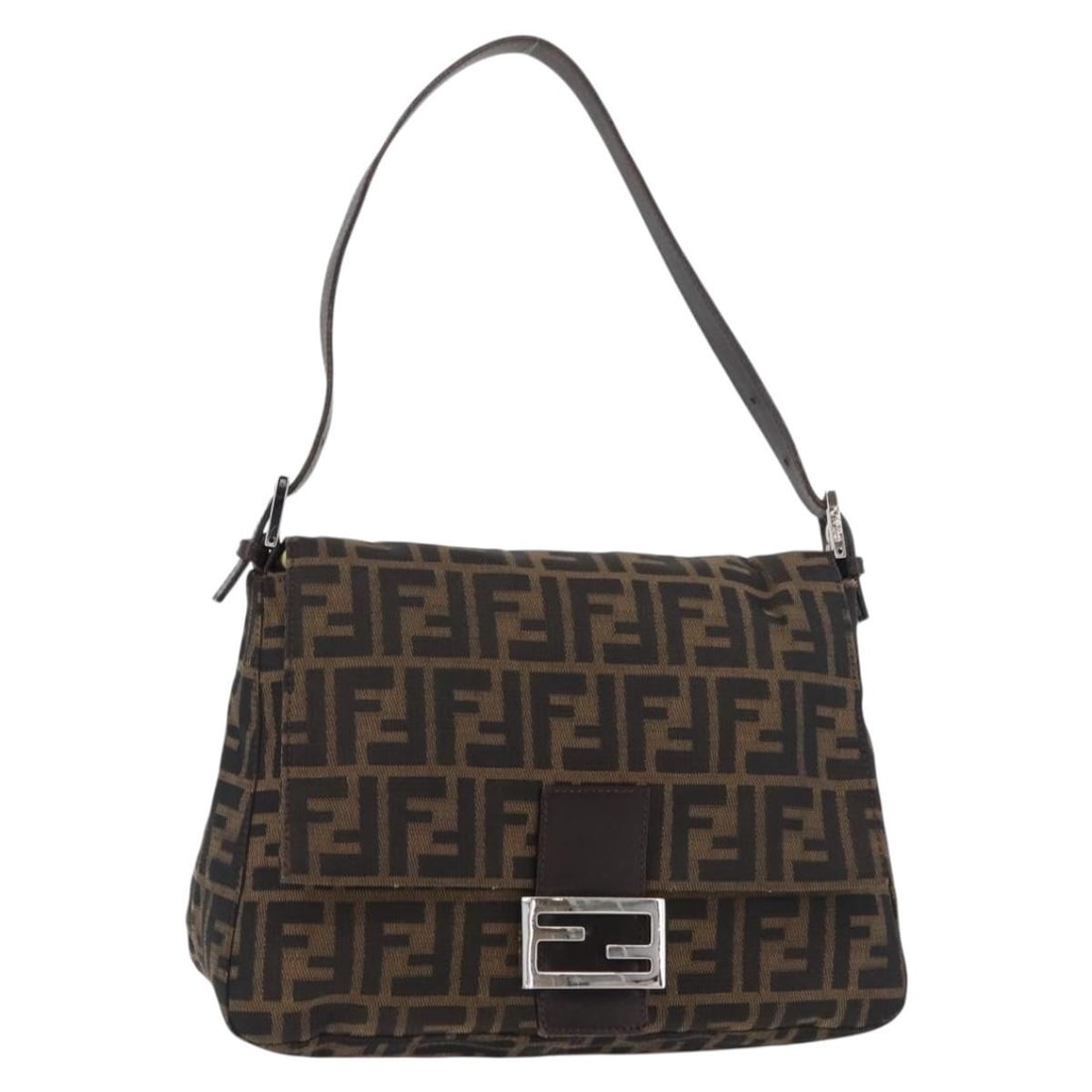 FENDI Mamma Baguette Shoulder Bag in Black Brown Zucca Canvas: FENDI Mamma Baguette Shoulder Bag in Black Brown Zucca Canvas Fendi Mamma Baguette shoulder bag in Zucca canvas with a black and brown exterior. Made in Italy, it features a shoulder strap with an app