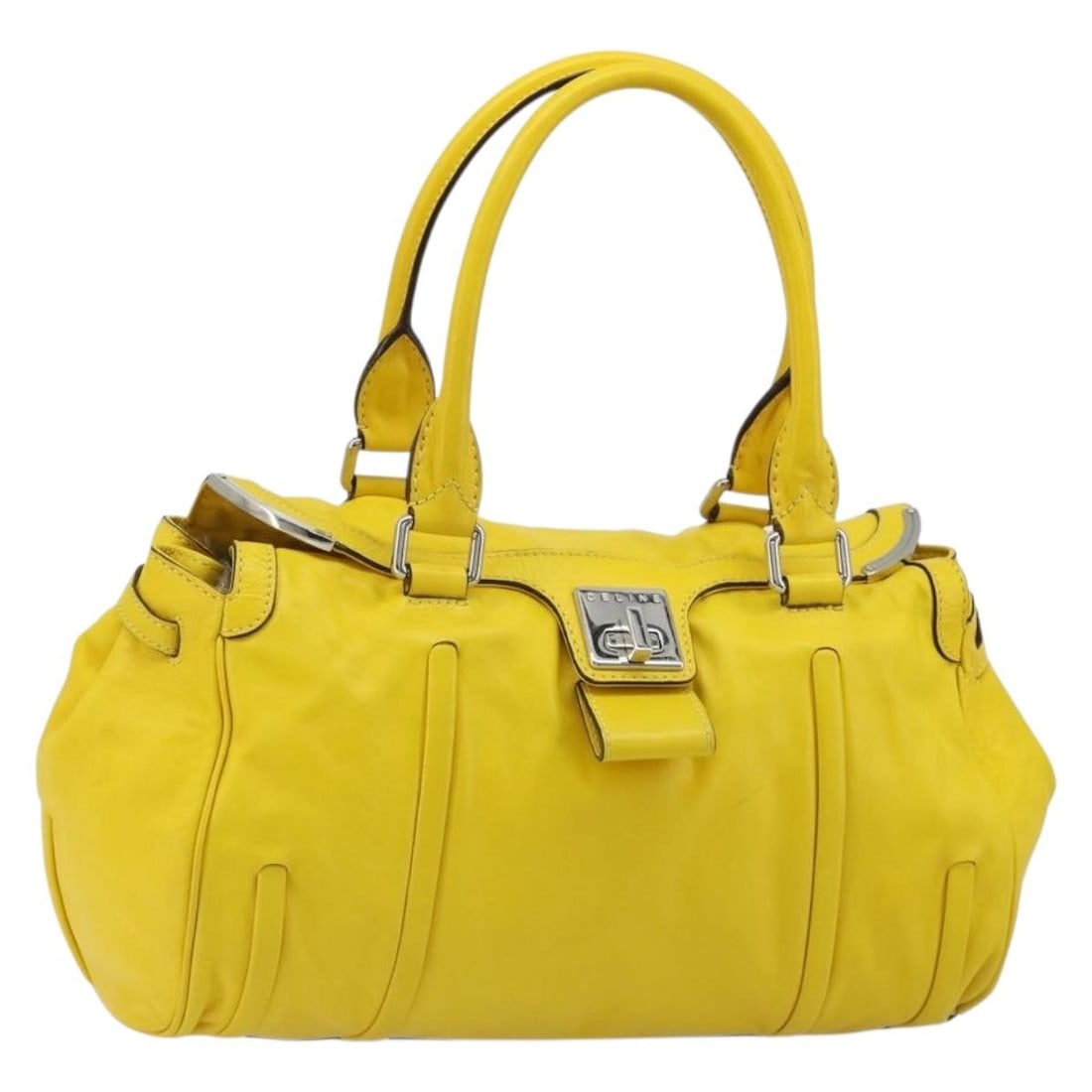 Celine Yellow Leather Handbag Silver Tone Hardware Italy: Celine Yellow Leather Handbag Silver Tone Hardware Italy Yellow and silver CELINE leather handbag made in Italy. The bag measures approximately 37 cm wide, 22 cm high, and 10 cm deep, with a handle dr
