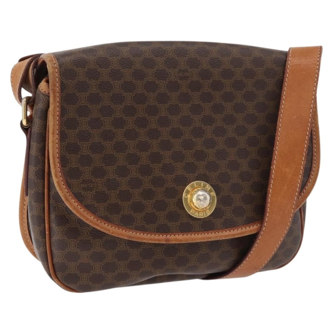CELINE Macadam Canvas PVC Leather Shoulder Bag Brown Gold Tone: CELINE Macadam Canvas PVC Leather Shoulder Bag Brown Gold Tone Celine Macadam canvas shoulder bag in brown with PVC leather trim and gold-tone accents. Made in Italy, this women's shoulder bag feature
