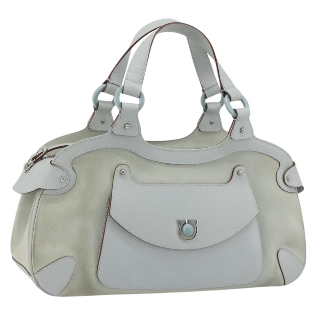 Salvatore Ferragamo Gancini Leather Handbag Light Blue Silver Dust Bag: Salvatore Ferragamo Gancini Leather Handbag Light Blue Silver Dust Bag Salvatore Ferragamo Gancini hand bag in light blue and silver leather, made in Italy. The bag comes with a dust bag and features 