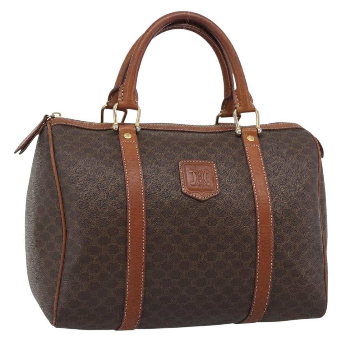 CELINE Macadam Canvas Brown PVC Leather Handbag: CELINE Macadam Canvas Brown PVC Leather Handbag A CELINE Macadam Canvas hand bag in brown PVC leather and Macadam canvas, made in Italy. The bag measures approximately 31 cm wide, 22 cm high, and 16 c