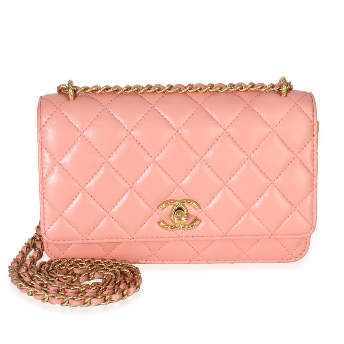 Chanel Wallet On Chain Pink Quilted Leather Shoulder Bag: Chanel Wallet On Chain Pink Quilted Leather Shoulder Bag Chanel Wallet On Chain shoulder bag in iridescent pink quilted lambskin with a CC turnlock closure. This pre-owned unisex bag features a pink f