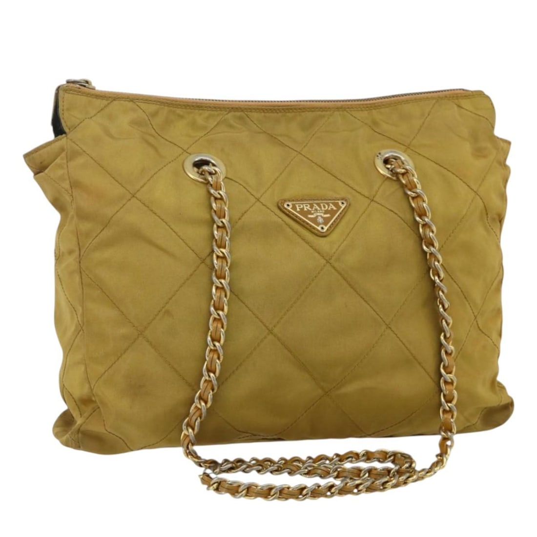 Prada beige nylon shoulder bag with chain strap: Prada beige nylon shoulder bag with chain strap This PRADA chain shoulder bag is crafted from beige and gold nylon and features a classic, elegant design. Made in Italy, it is designed for women and o