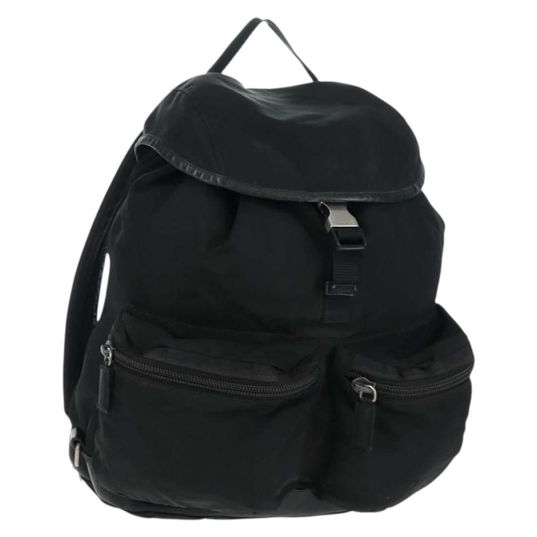 Black Nylon PRADA Backpack with Silver Accents Made in Italy: Black Nylon PRADA Backpack with Silver Accents Made in Italy This PRADA backpack is crafted from black nylon with silver-tone accents. Made in Italy, it features a spacious main compartment and practi