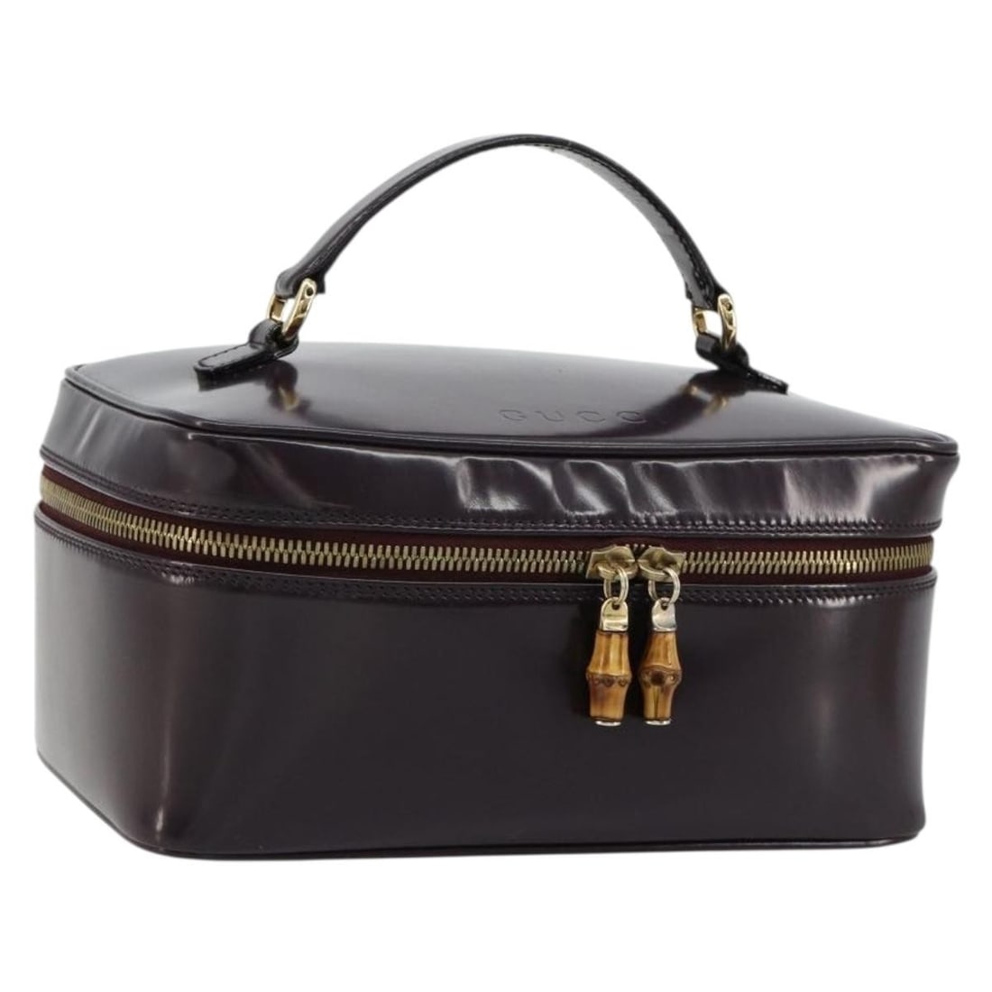 Gucci Bamboo patent leather vanity bag navy gold with dust bag: Gucci Bamboo patent leather vanity bag navy gold with dust bag This Gucci Bamboo Vanity Hand Bag is crafted from navy patent leather with gold-tone accents. Made in Italy, it features a structured sil