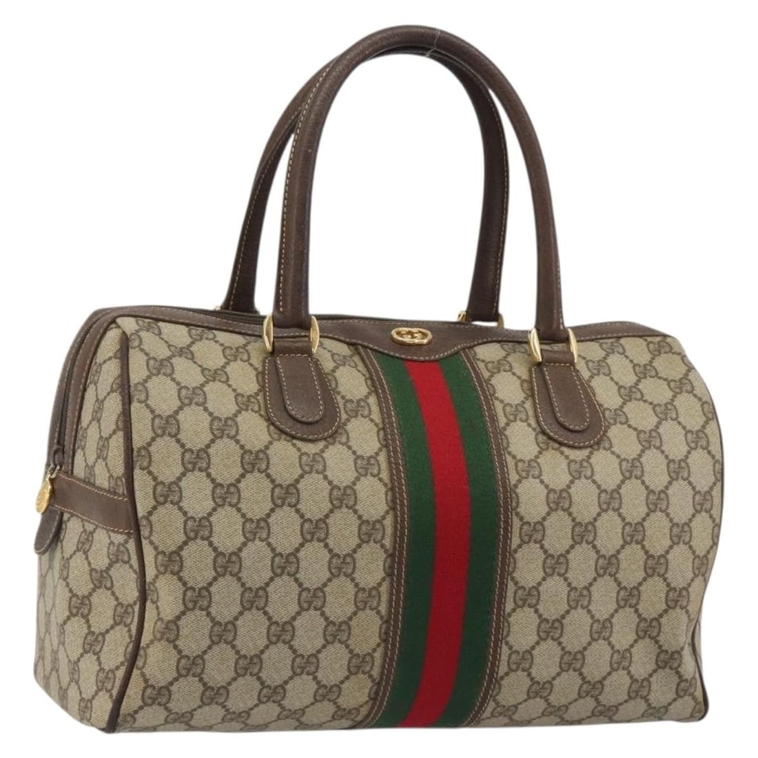 Gucci Sherry Line GG Supreme Boston Bag Beige Gold PVC Leather: Gucci Sherry Line GG Supreme Boston Bag Beige Gold PVC Leather Gucci Boston bag in beige and gold, made from PVC leather and GG canvas, with a structured silhouette and handle drop of 5.1 inches (13 c