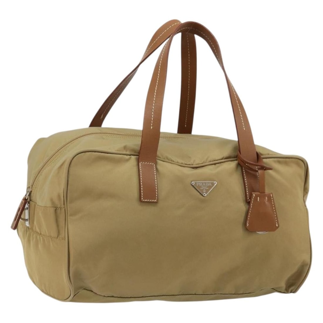 Prada Nylon Silver Beige Boston Handbag Italy 14.6in: Prada Nylon Silver Beige Boston Handbag Italy 14.6in This PRADA Boston Bag is crafted from durable nylon in a stylish silver and beige color combination. Designed for women, it features a spacious int