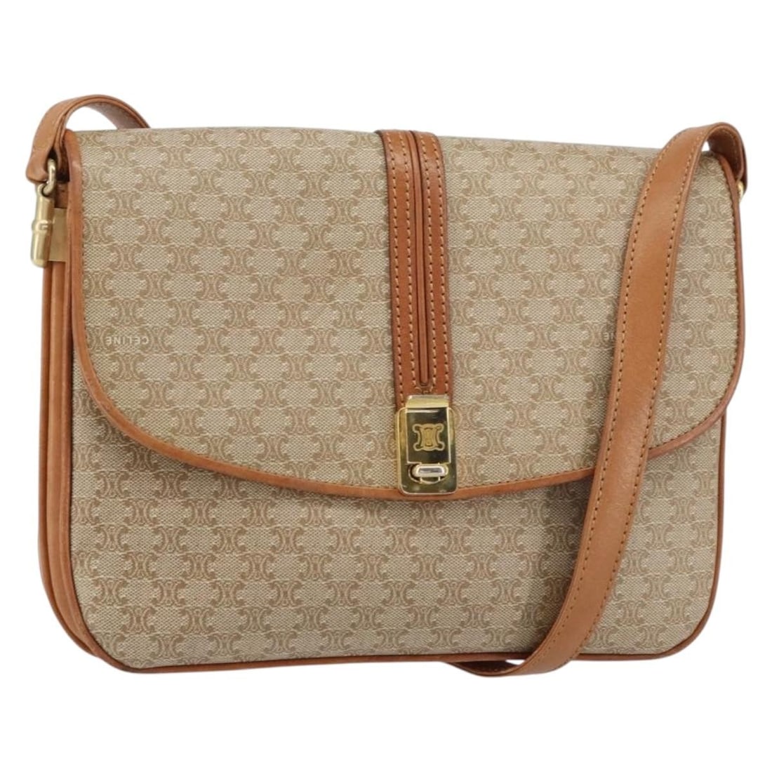 Beige Macadam Canvas PVC Shoulder Bag by CELINE with Pouch: Beige Macadam Canvas PVC Shoulder Bag by CELINE with Pouch This CELINE Macadam shoulder bag is crafted in beige PVC leather with gold accents and features the signature Macadam canvas. Made in Italy, 