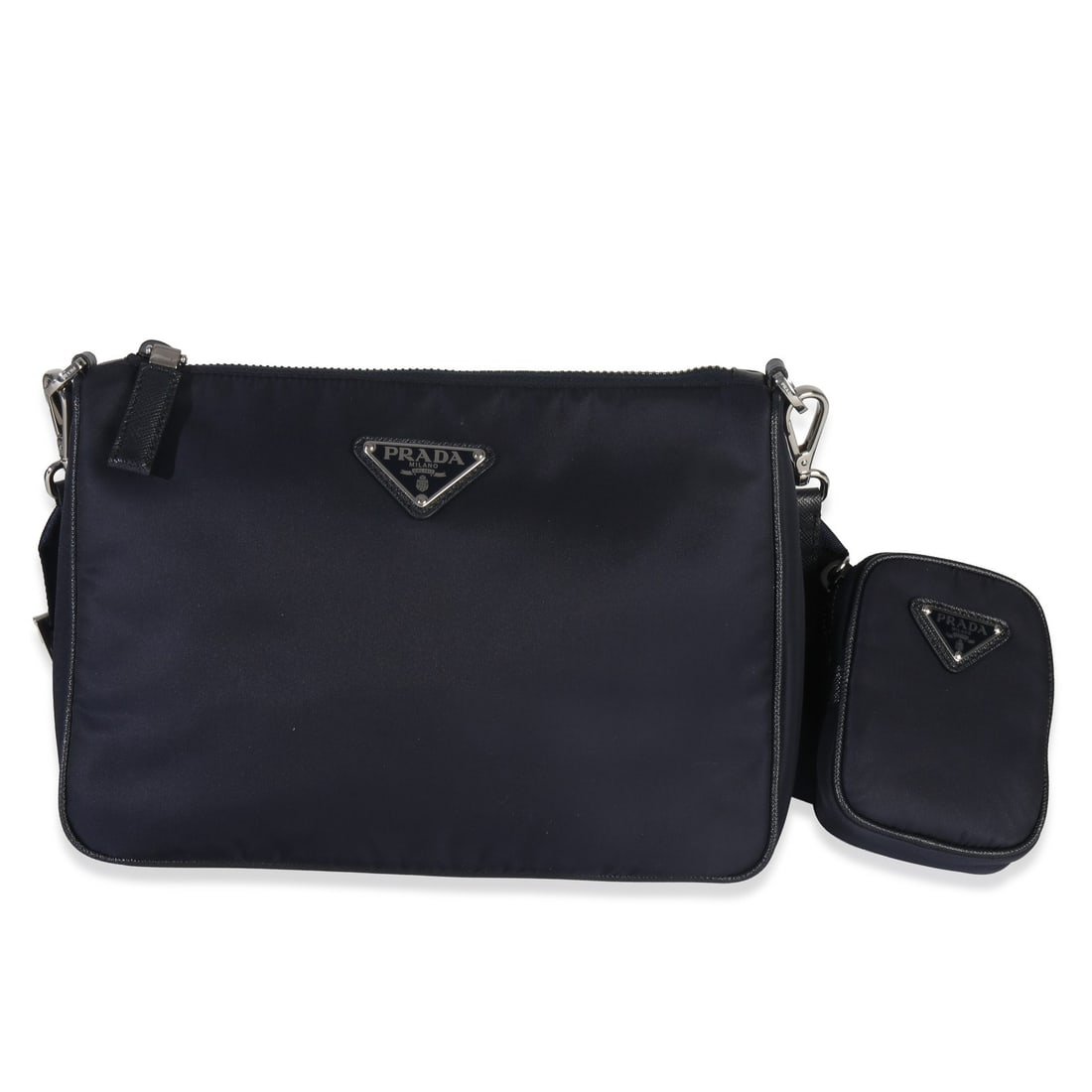 Prada Re Nylon Shoulder Bag with Saffiano Trim Blue: Prada Re Nylon Shoulder Bag with Saffiano Trim Blue This Prada shoulder bag features a navy blue Re-Nylon body accented with Saffiano leather trim, offering a stylish and durable accessory. The bag is