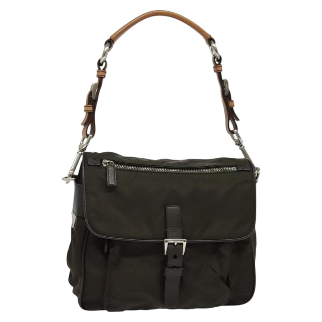 PRADA Nylon Shoulder Bag Khaki Silver with Guarantee Card: PRADA Nylon Shoulder Bag Khaki Silver with Guarantee Card This PRADA shoulder bag is crafted from nylon in a khaki and silver color combination. Made in Italy, it features a shoulder strap with an app