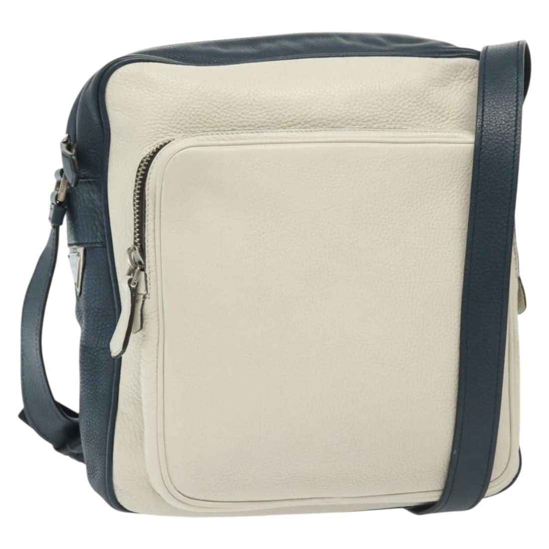 PRADA Leather Shoulder Bag White Blue Silver Auth 117: PRADA Leather Shoulder Bag White Blue Silver Auth 117 This authentic PRADA shoulder bag showcases a stylish combination of white, blue, and silver leather. The bag features a spacious design, measurin