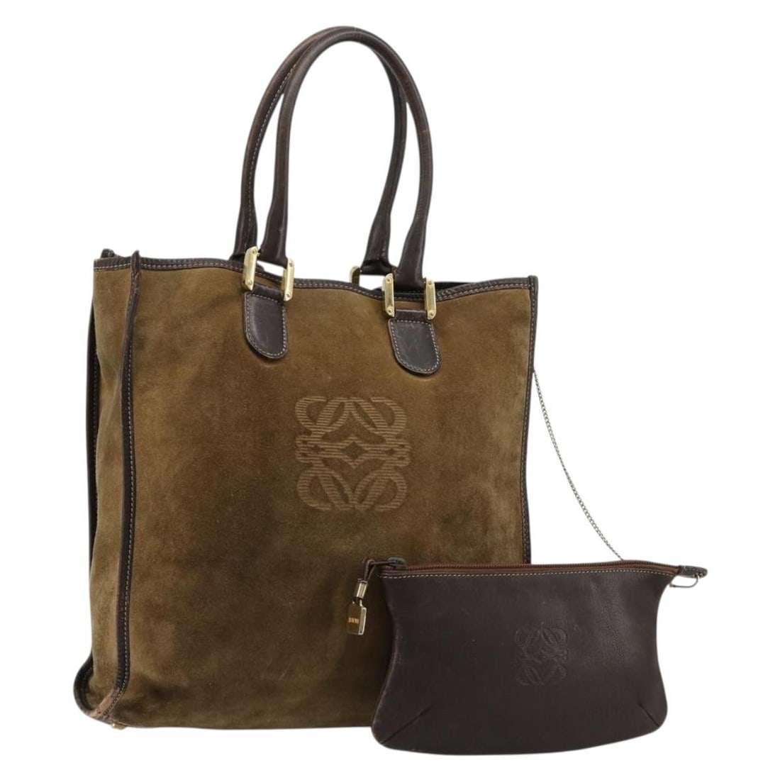 LOEWE Anagram Suede Handbag Beige Gold with Pouch: LOEWE Anagram Suede Handbag Beige Gold with Pouch LOEWE Anagram hand bag in beige suede with gold-tone exterior color. Made in Spain, this women's bag comes with a pouch accessory and has a handle dro