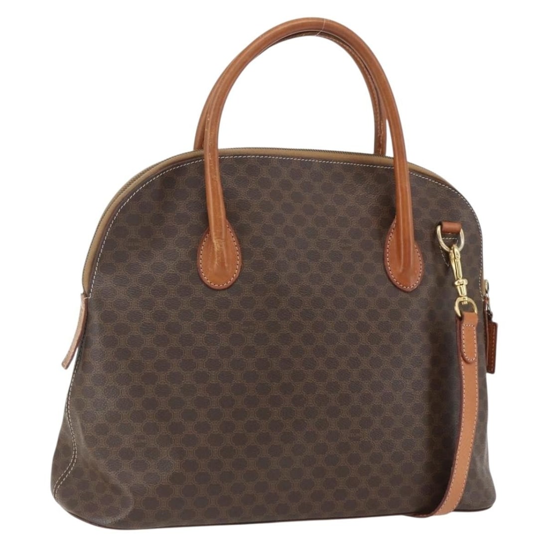 CELINE Macadam 2way Hand Bag Brown PVC Leather with Shoulder Strap: CELINE Macadam 2way Hand Bag Brown PVC Leather with Shoulder Strap This CELINE hand bag is made from PVC leather and Macadam canvas in a brown and gold color combination. It features a 2-way design an