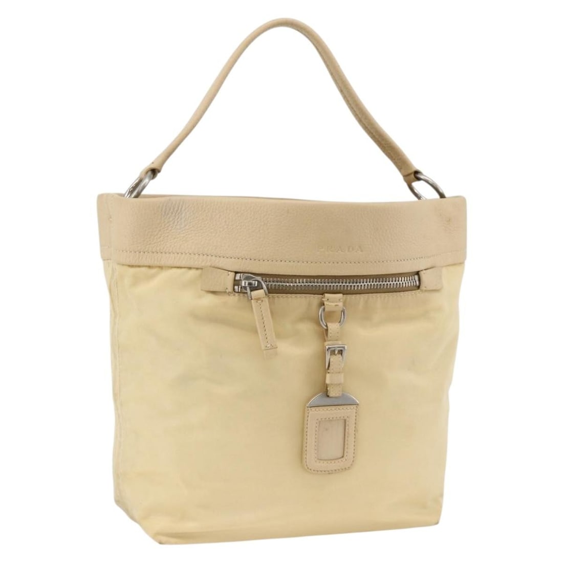 Prada Beige Nylon Shoulder Purse with Silver Accents and Accessories: Prada Beige Nylon Shoulder Purse with Silver Accents and Accessories This PRADA shoulder bag features beige nylon with silver-tone accents and is designed for women. Made in Italy, it offers a practic