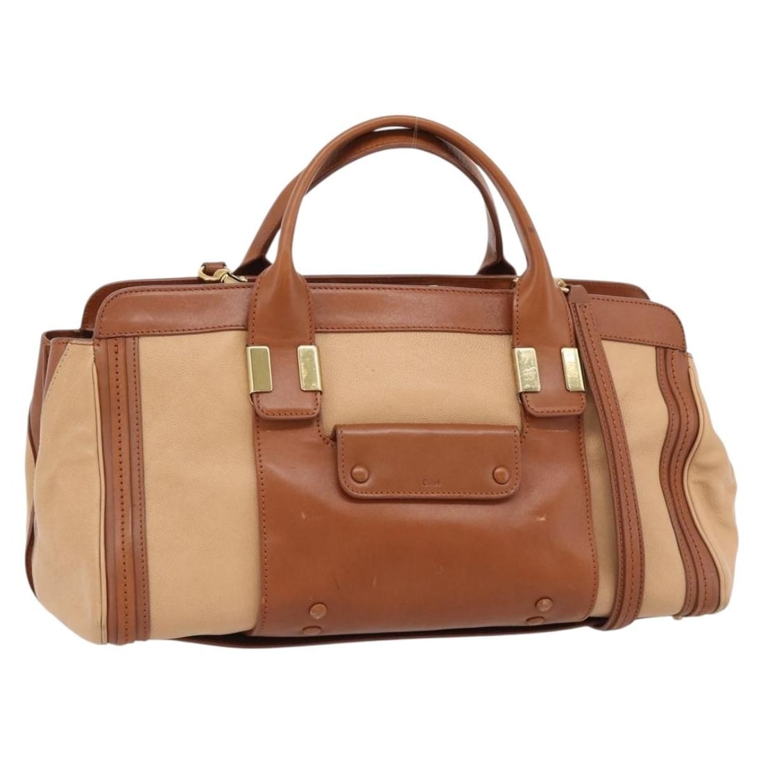 Chloe Alice 2way Leather Handbag Brown Beige with Shoulder Strap: Chloe Alice 2way Leather Handbag Brown Beige with Shoulder Strap Chloe Alice leather 2-way handbag in brown, gold, and beige. Made in Italy, it comes with a shoulder strap and features the stated dime