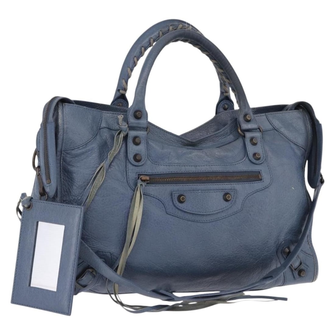 Balenciaga 115748 The City Blue Leather 2way Handbag: Balenciaga 115748 The City Blue Leather 2way Handbag Balenciaga The City leather 2way hand bag in blue, made in Italy. It includes a dust bag, shoulder strap, and mirror. The bag is described as heavi