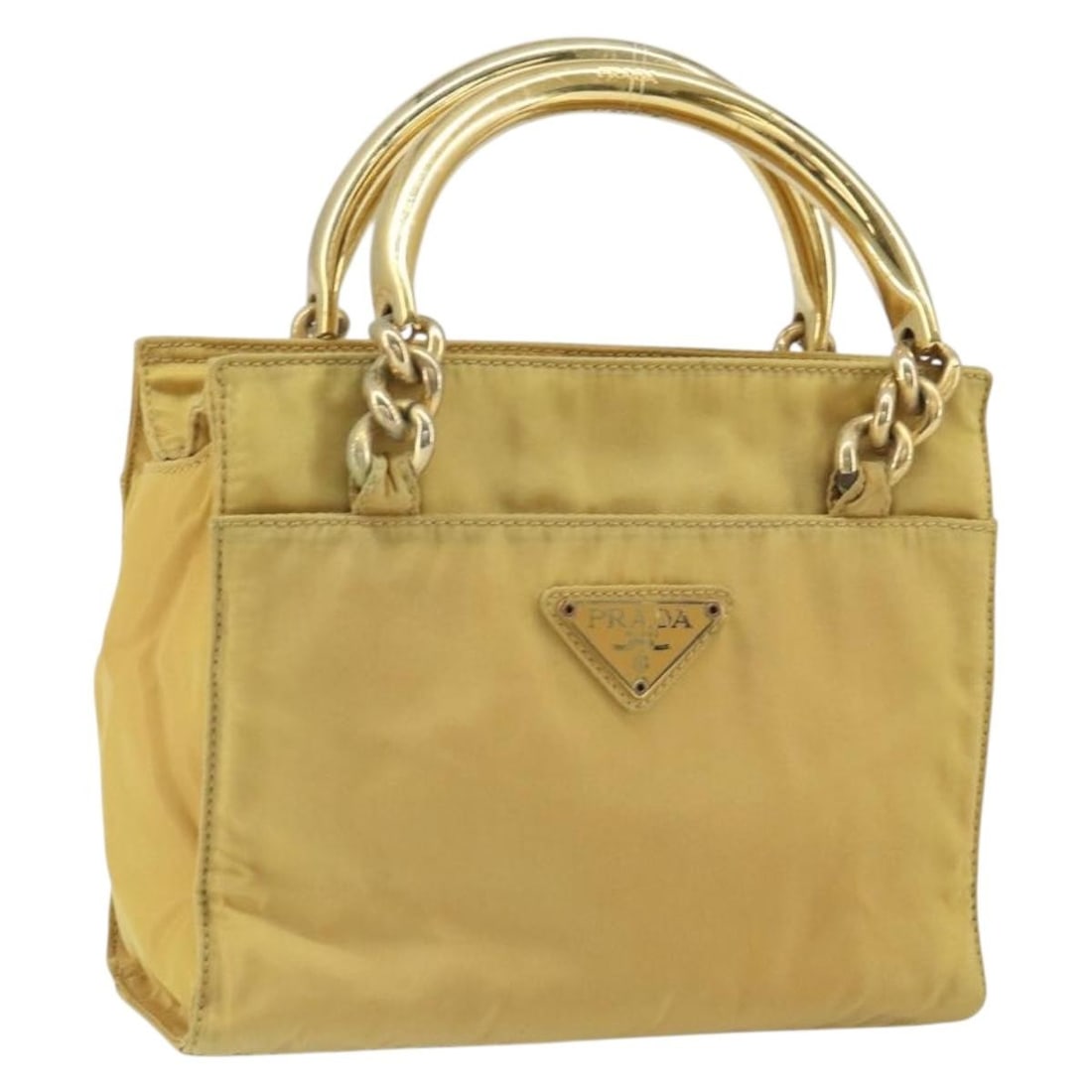 Yellow and Gold Nylon Prada Handbag for Women Made in Italy: Yellow and Gold Nylon Prada Handbag for Women Made in Italy This PRADA handbag is crafted from yellow and gold nylon and is designed for women. The bag features a compact silhouette with a top handle,