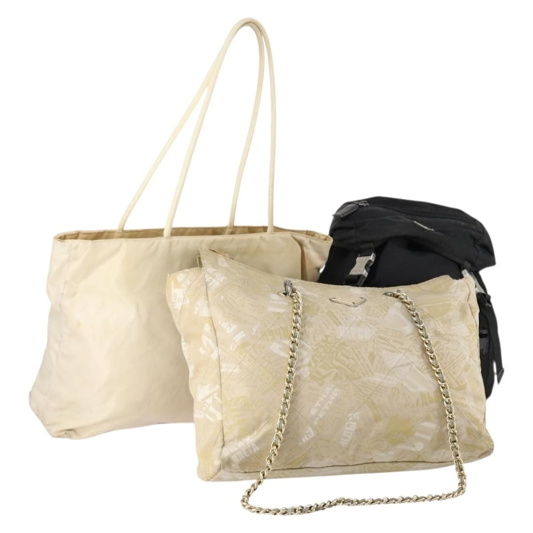 Prada nylon white black handbag women Italy: Prada nylon white black handbag women Italy This PRADA women's handbag set includes three nylon bags in a white and black color scheme. The bags are crafted in Italy and feature a classic hand bag sty