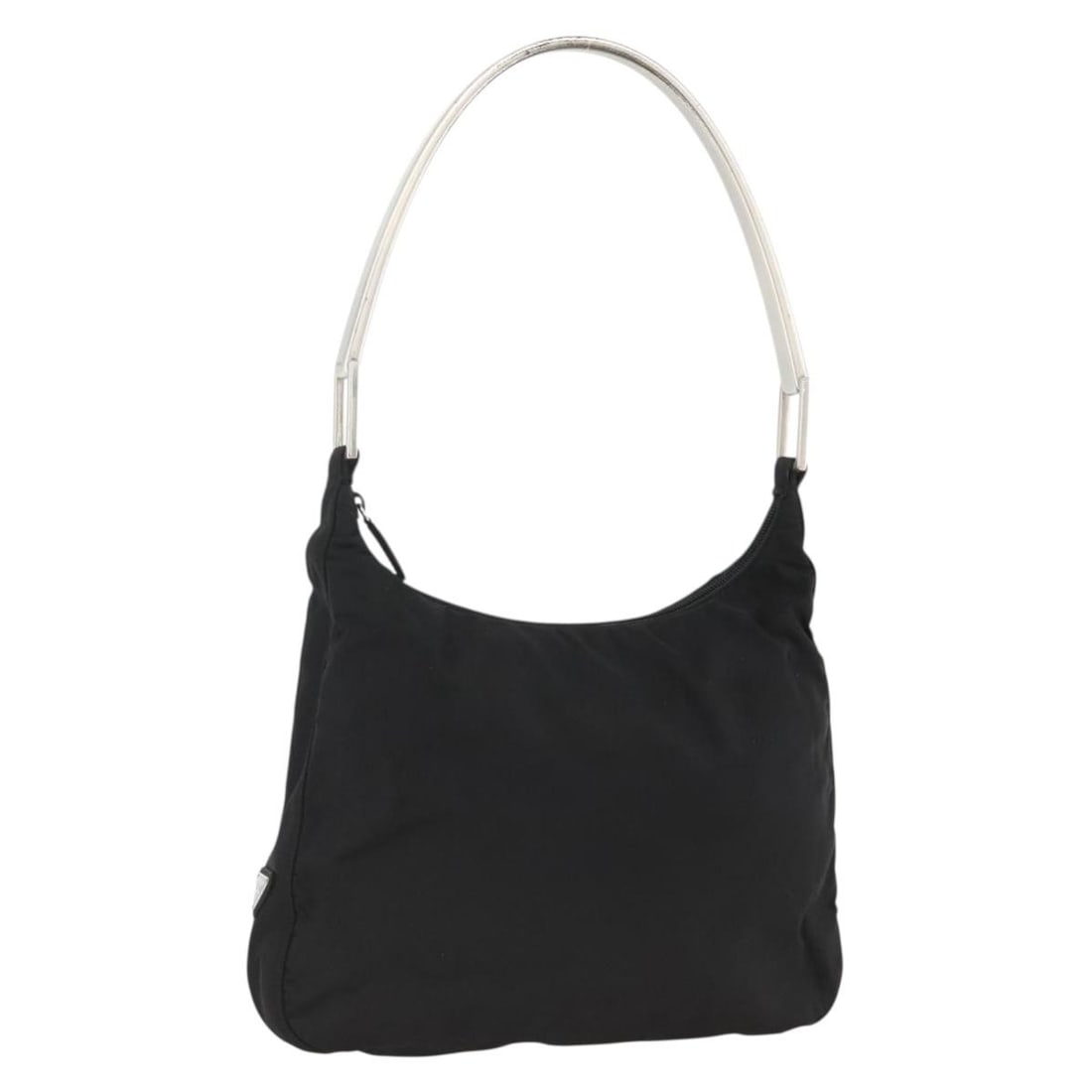 PRADA Nylon Shoulder Bag Black Silver Womens Italy: PRADA Nylon Shoulder Bag Black Silver Womens Italy Prada shoulder bag in black and silver nylon, made in Italy. This women's bag measures approximately 28 cm wide, 22 cm high, and 6 cm deep, with a sh