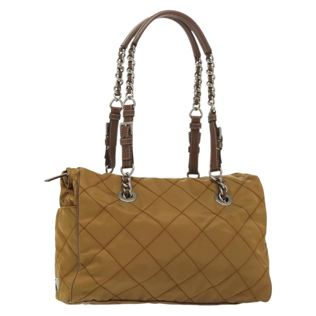 PRADA Beige Nylon Shoulder Bag with Chain Strap and Guarantee Card: PRADA Beige Nylon Shoulder Bag with Chain Strap and Guarantee Card This PRADA shoulder bag is crafted from nylon in a beige and silver color combination. It features a chain shoulder strap with an app