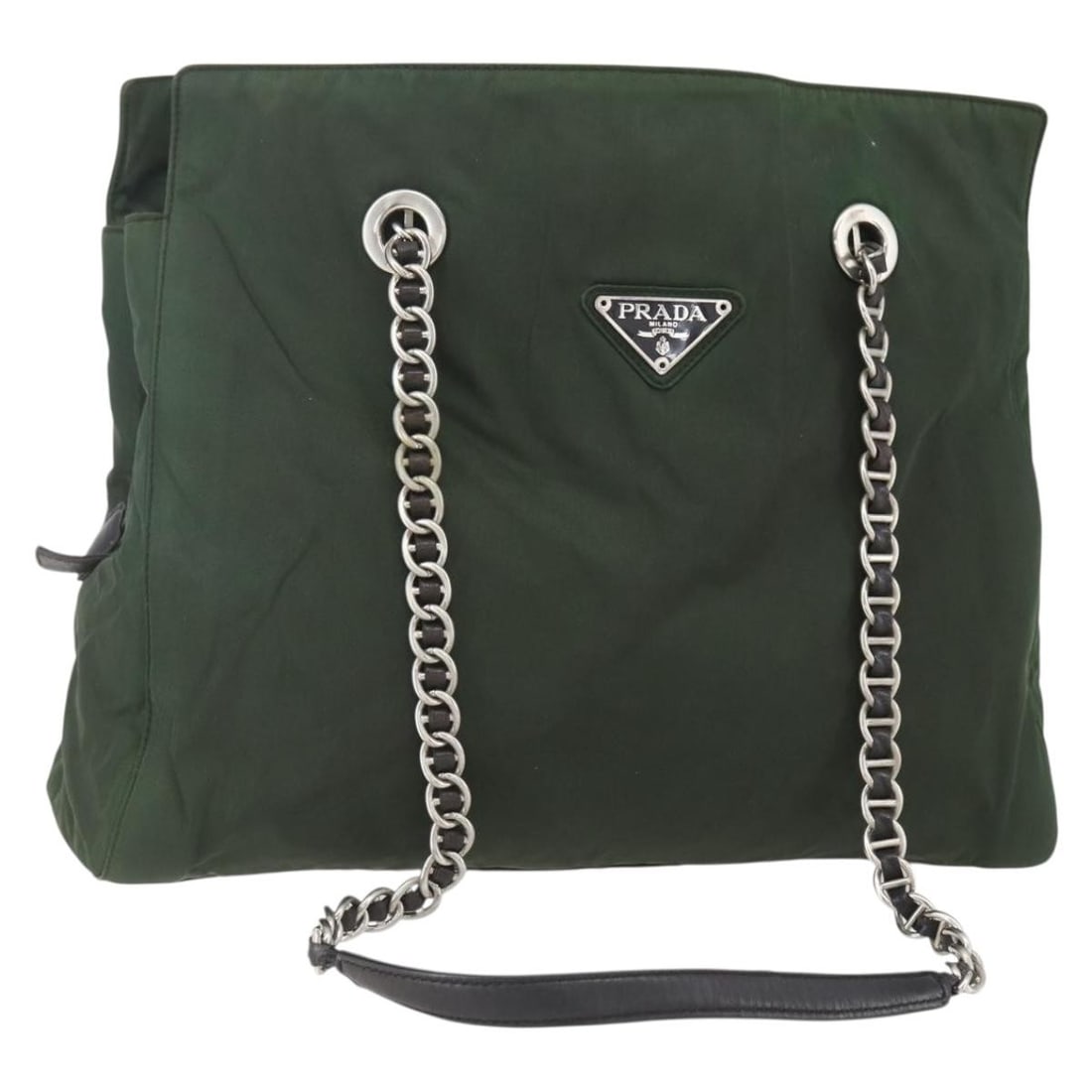 Nylon Khaki Tote Chain Shoulder Bag by PRADA with Silver Tone Accents: Nylon Khaki Tote Chain Shoulder Bag by PRADA with Silver Tone Accents This PRADA tote bag features a khaki nylon exterior with silver-tone accents and chain handles. Designed in Italy, the bag offers 