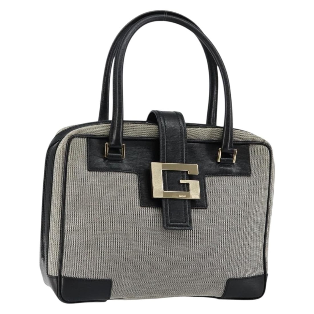 Gucci 001 5155 Gray Gold Canvas Hand Bag: Gucci 001 5155 Gray Gold Canvas Hand Bag Authentic Gucci women's handbag crafted in gray and gold canvas and made in Italy. This handbag shows heavy signs of use, including loss of shape, rubbing, sta